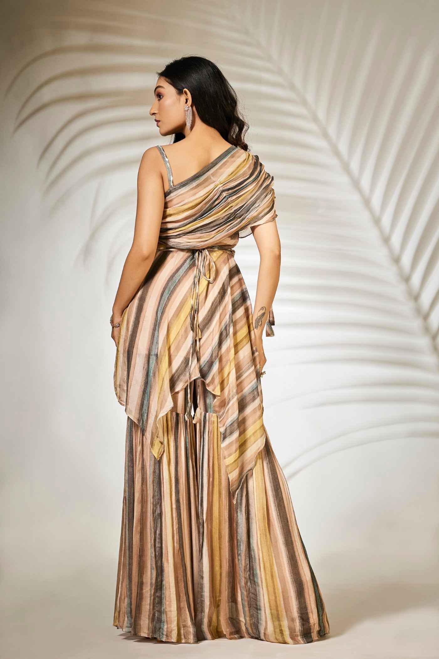 SummerFalling-Beige Striped Pure Chinnon Tunic with Sharara