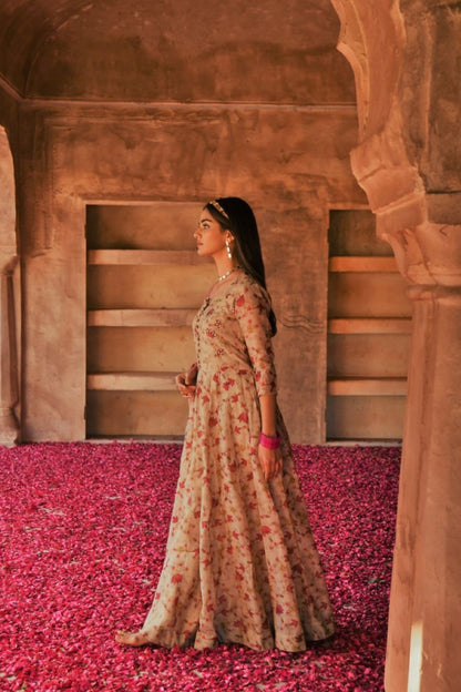 SummerFalling-Beige Ethnic Embellished Anarkali Set with Dupatta