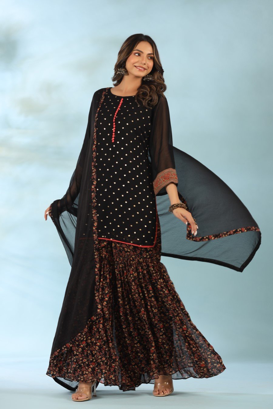 SummerFalling-Black Embellished Kurta with Floral Sharara Set