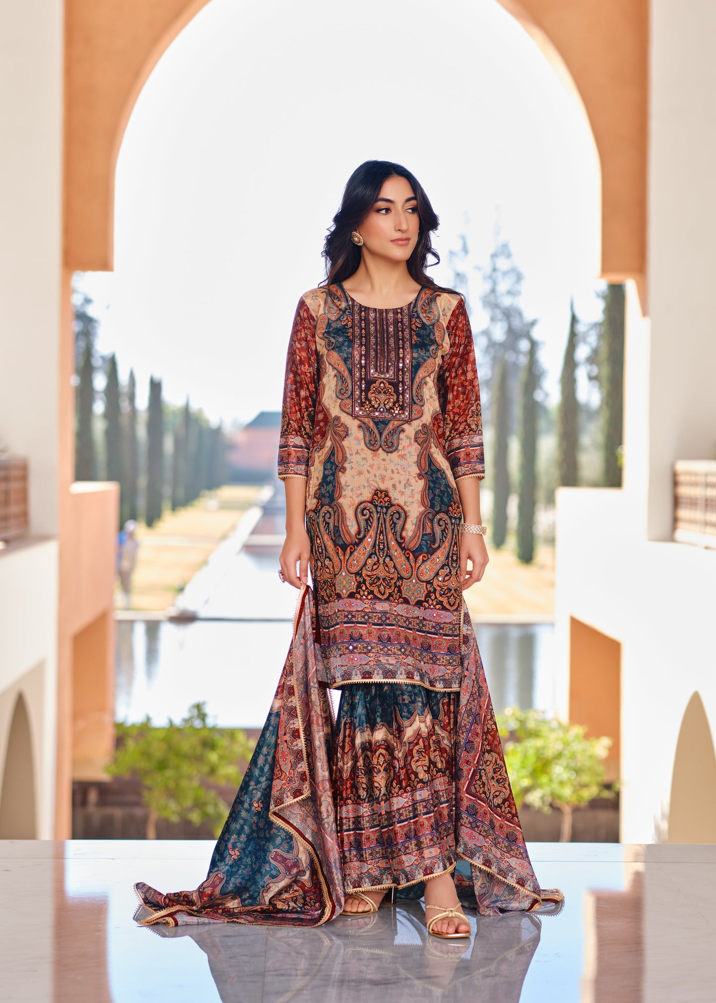 SummerFalling-Beige Traditional Printed Premium Silk Sharara Set