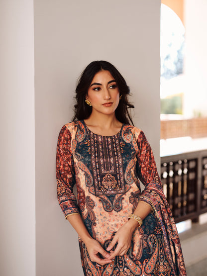 SummerFalling-Beige Traditional Printed Premium Silk Sharara Set
