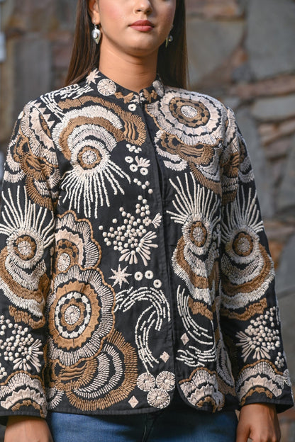 SummerFalling-Black Boho Embroidered Italian Silk Jacket