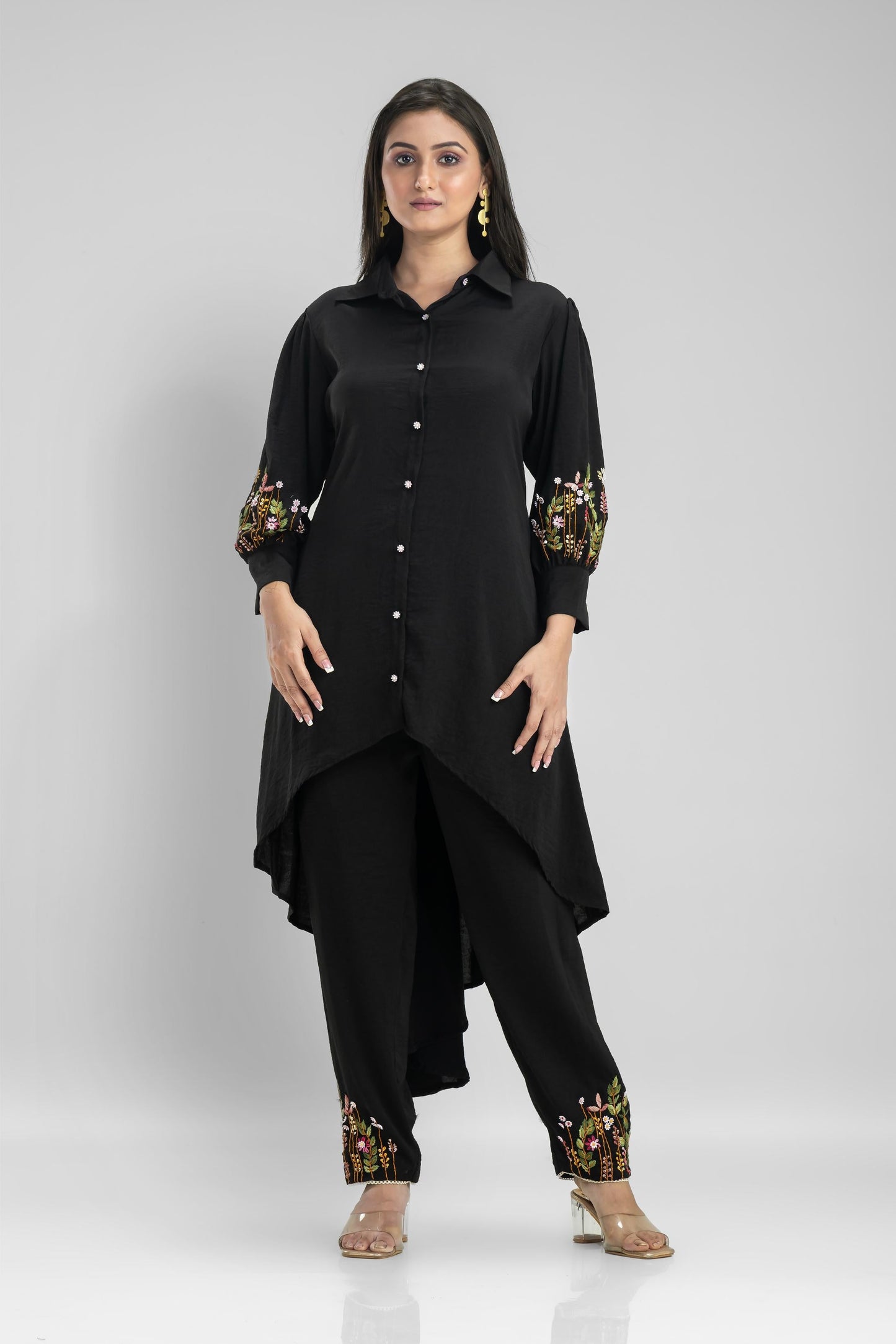 SummerFalling-Black Embroidered German Silk Co-Ord Set