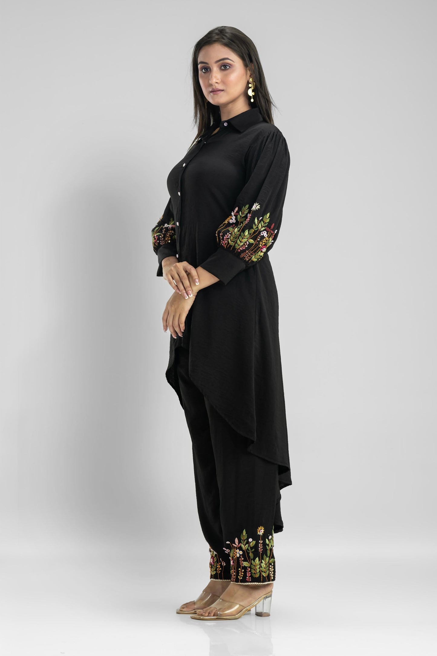 SummerFalling-Black Embroidered German Silk Co-Ord Set