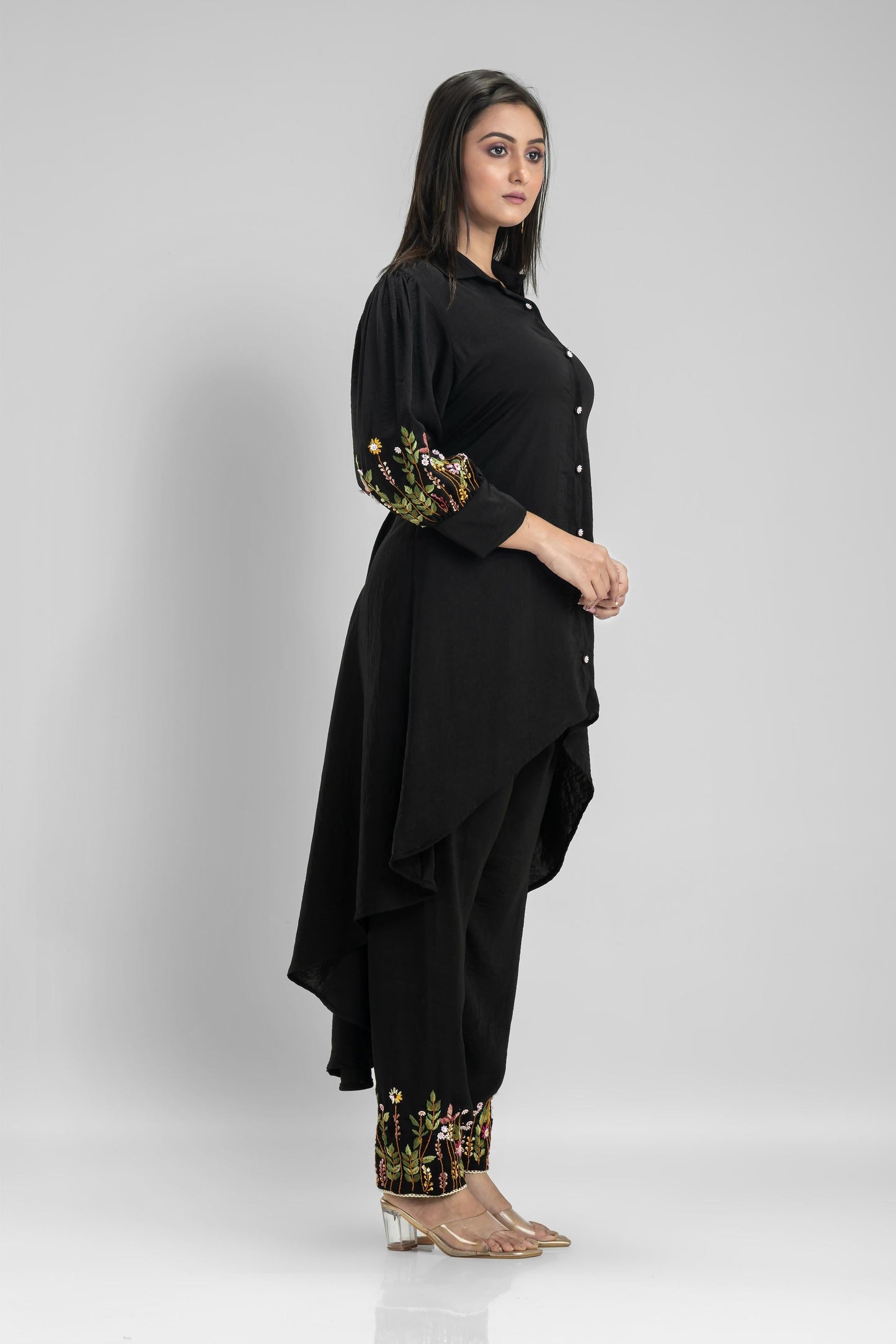 SummerFalling-Black Embroidered German Silk Co-Ord Set