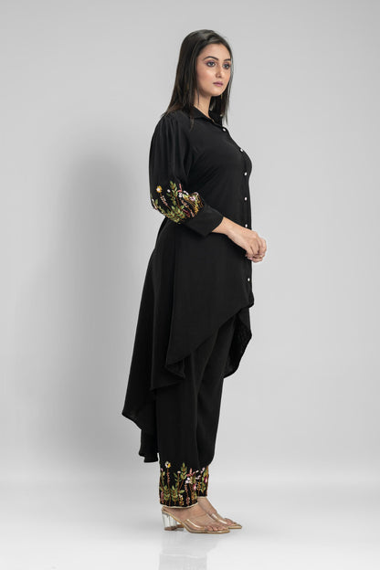 SummerFalling-Black Embroidered German Silk Co-Ord Set