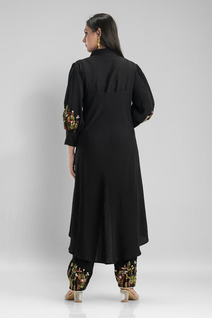 SummerFalling-Black Embroidered German Silk Co-Ord Set