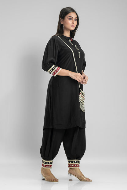 SummerFalling-Black Embroidered Premium Silk Patiala Pants Set