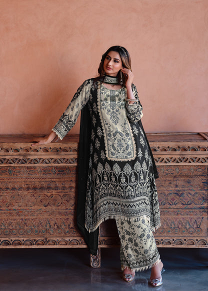 SummerFalling-Black & White Floral Printed Crepe Silk Palazzo Set
