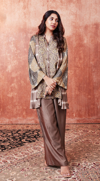 SummerFalling-Beige Ajrakh Printed Habutai Silk Kurta Palazzo Set