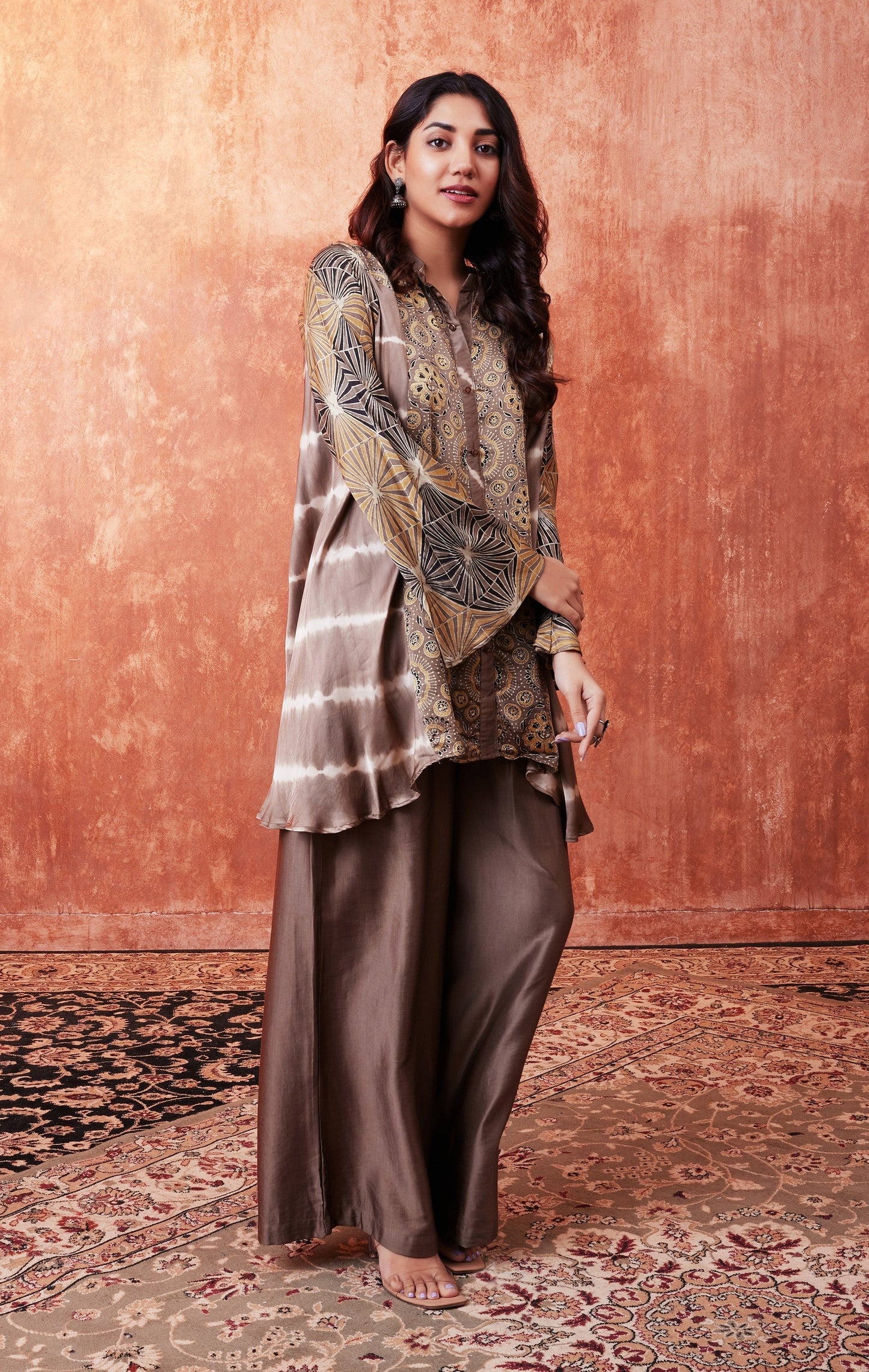 SummerFalling-Beige Ajrakh Printed Habutai Silk Kurta Palazzo Set