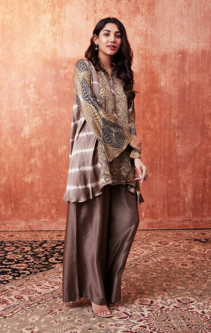 SummerFalling-Beige Ajrakh Printed Habutai Silk Kurta Palazzo Set