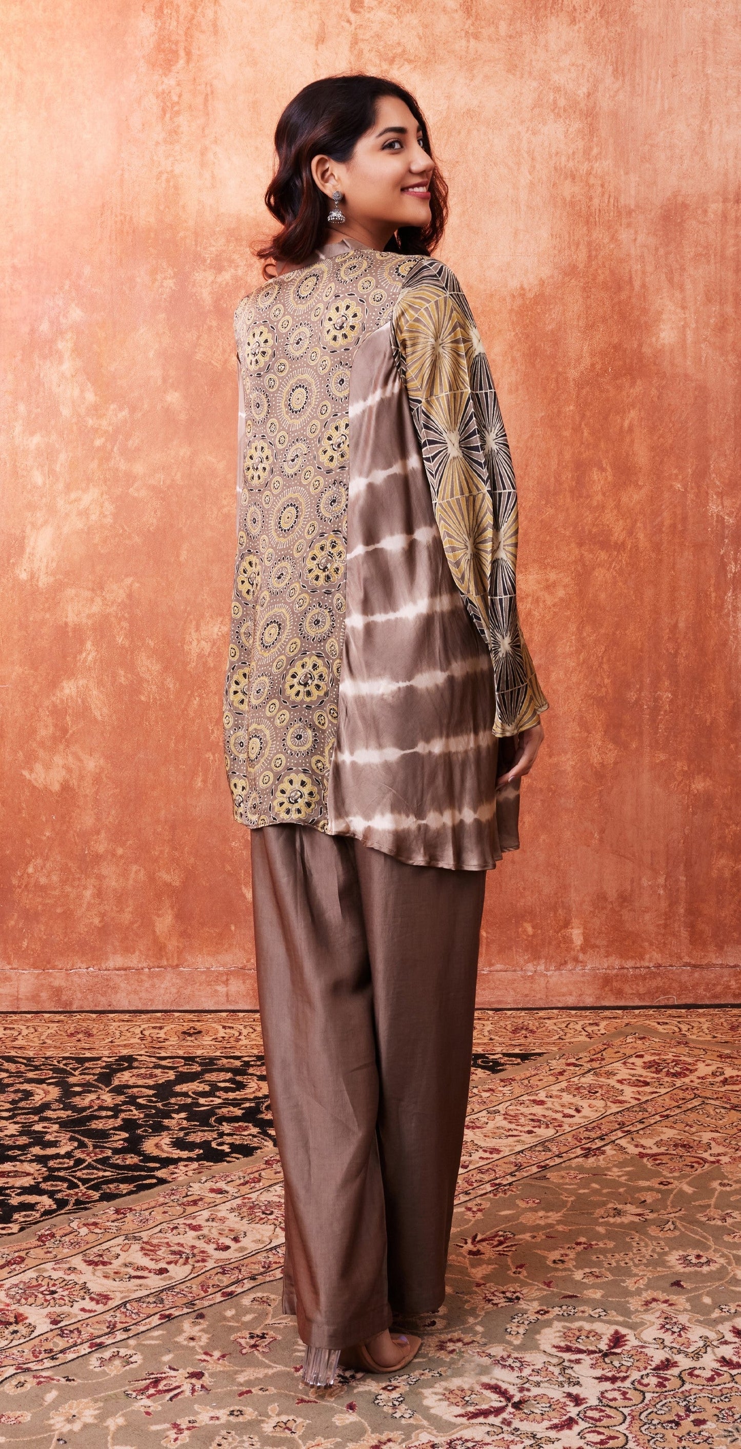 SummerFalling-Beige Ajrakh Printed Habutai Silk Kurta Palazzo Set