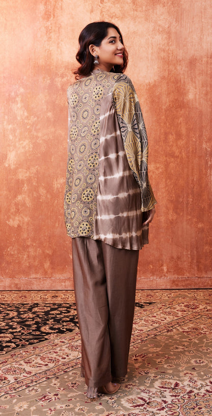 SummerFalling-Beige Ajrakh Printed Habutai Silk Kurta Palazzo Set