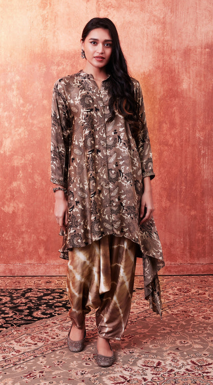 SummerFalling-Beige Ajrakh Printed Habutai Silk Kurta Salwar Set