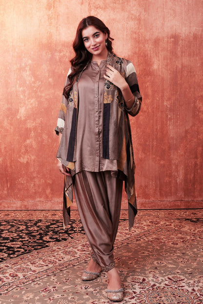 SummerFalling-Beige Ajrakh Printed Habutai Silk Cape Suit Set