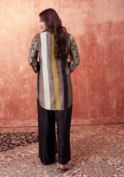 SummerFalling-Beige Ajrakh Printed Habutai Silk Co-Ord Set