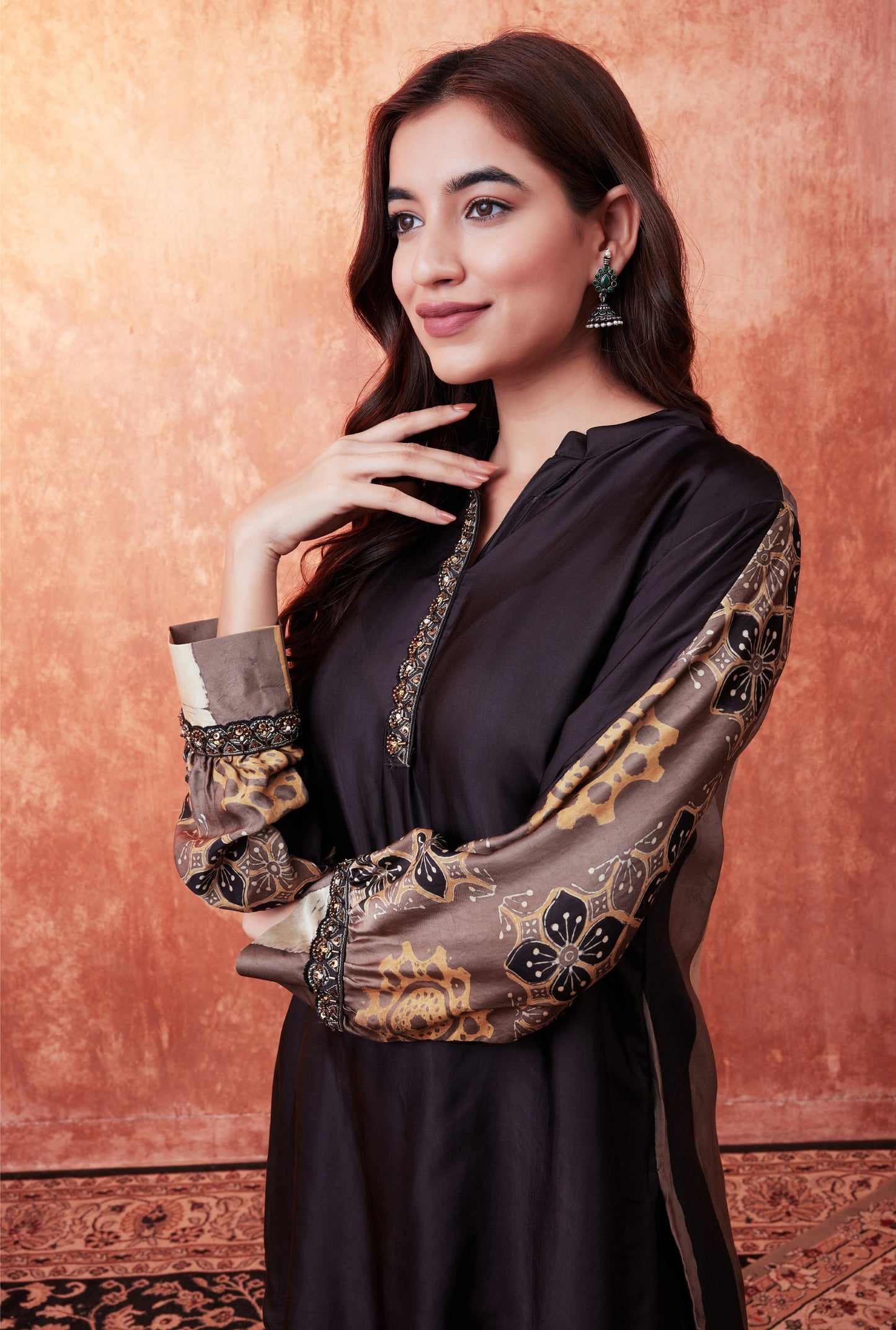 SummerFalling-Beige Ajrakh Printed Habutai Silk Co-Ord Set