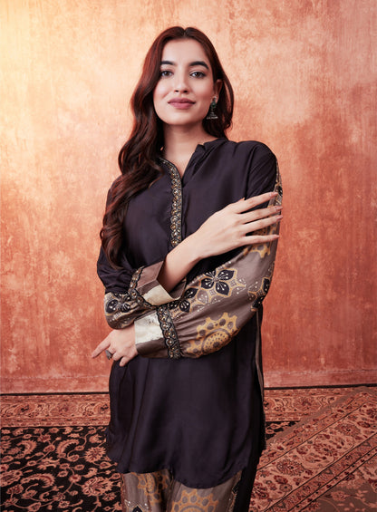 SummerFalling-Beige Ajrakh Printed Habutai Silk Co-Ord Set