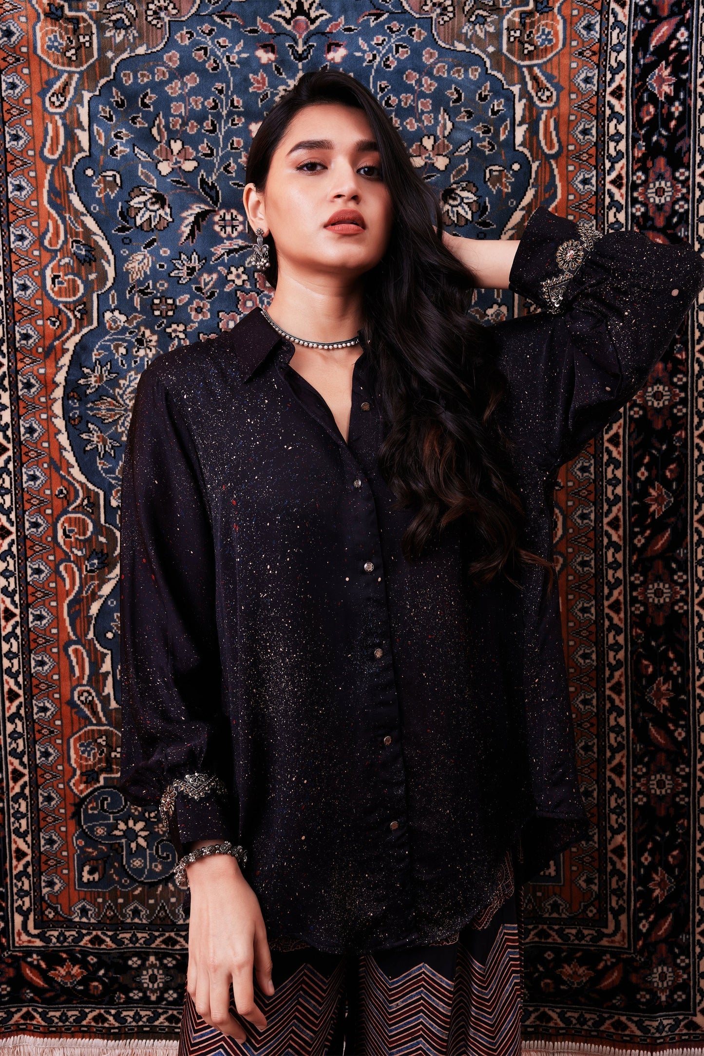 SummerFalling-Black Ajrakh Printed Habutai Silk Co-Ord Set