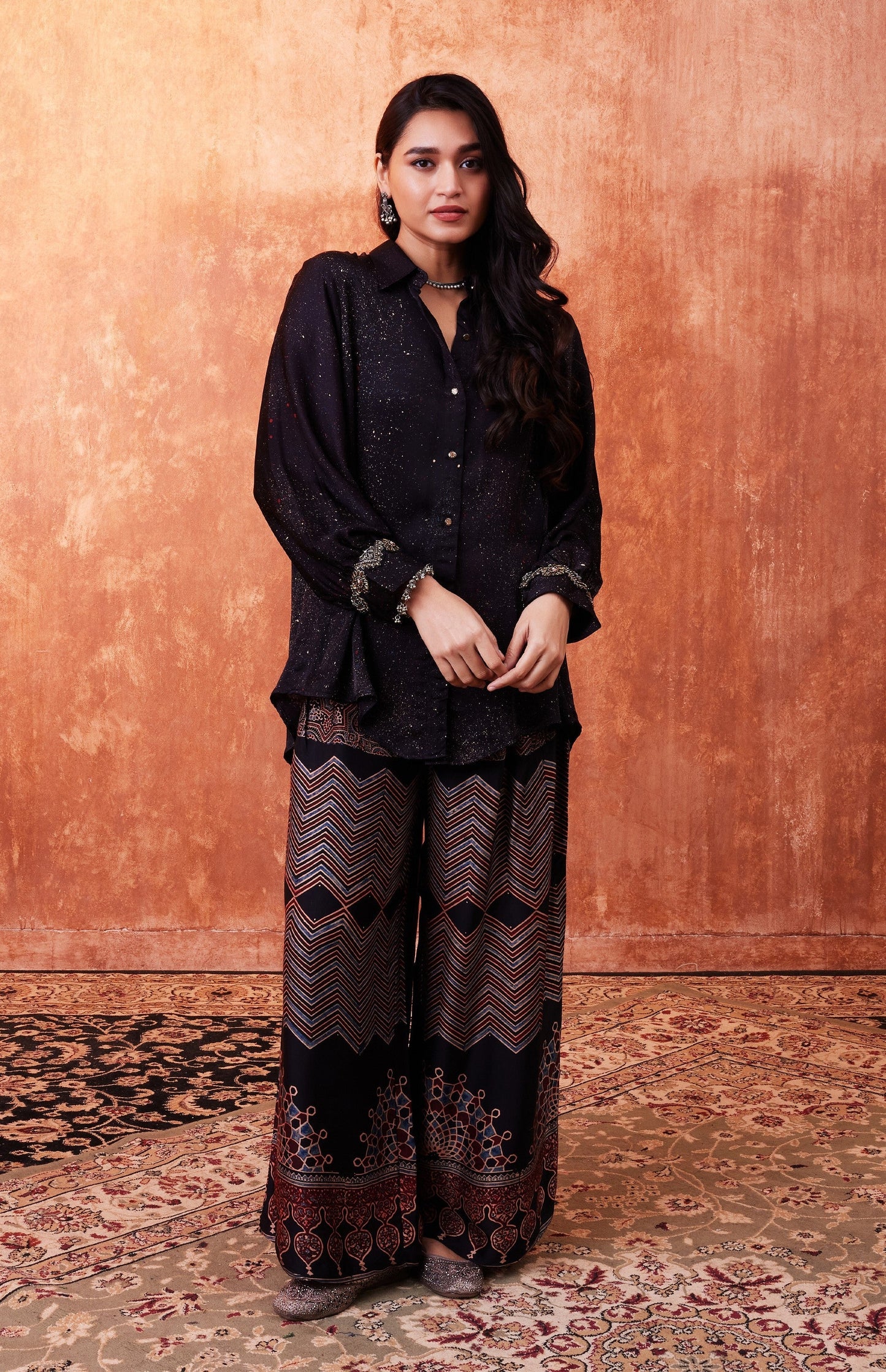 SummerFalling-Black Ajrakh Printed Habutai Silk Co-Ord Set