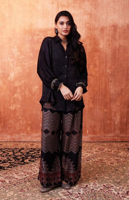 SummerFalling-Black Ajrakh Printed Habutai Silk Co-Ord Set