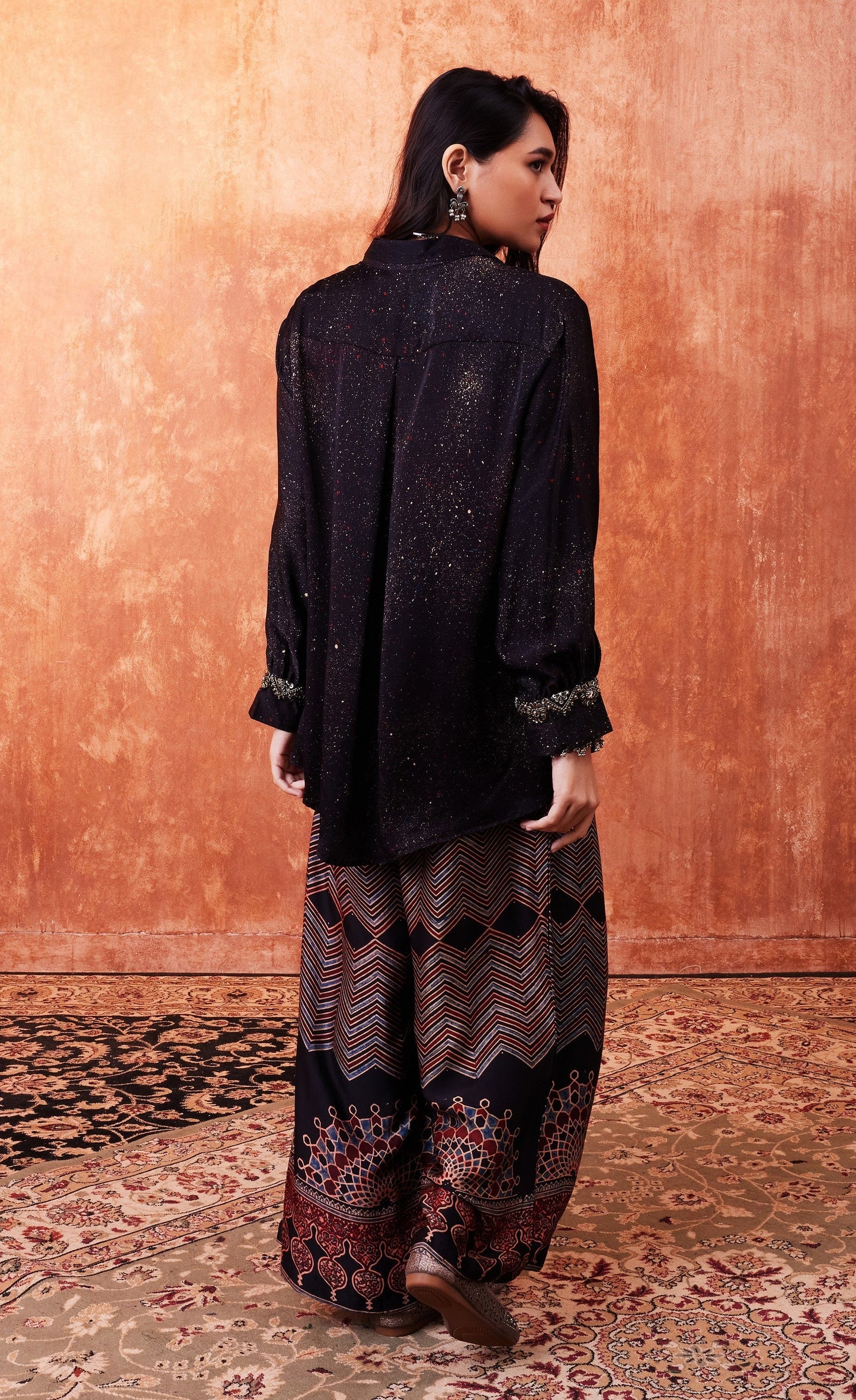 SummerFalling-Black Ajrakh Printed Habutai Silk Co-Ord Set