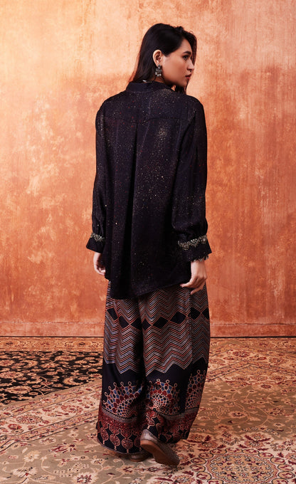 SummerFalling-Black Ajrakh Printed Habutai Silk Co-Ord Set