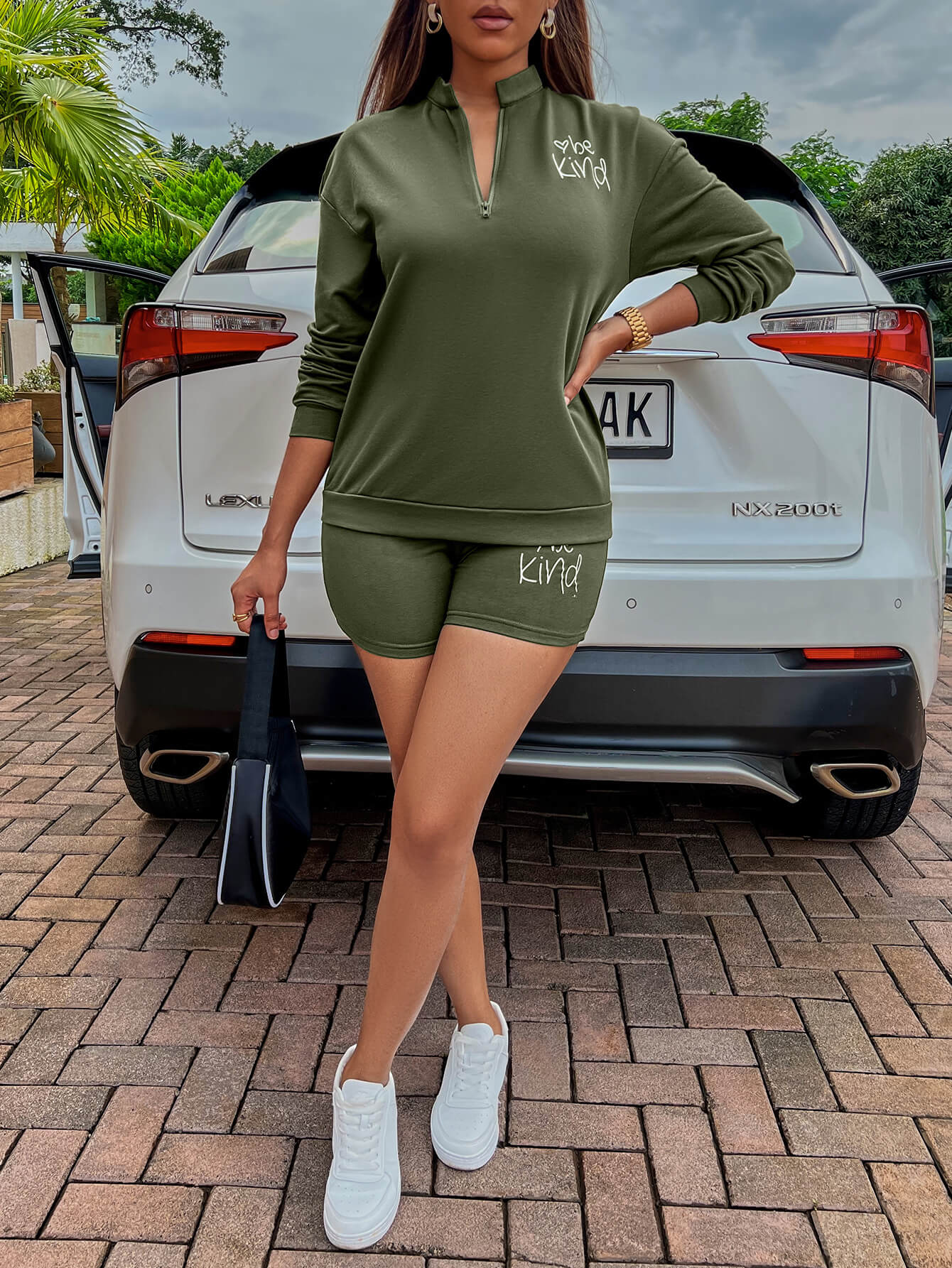 SummerFalling-BE KIND Graphic Quarter-Zip Sweatshirt and Shorts Set