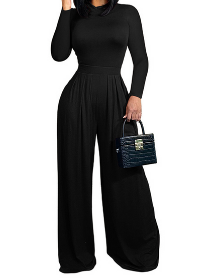 SummerFalling-Women's Long-sleeved Wide-leg Pants Pure Color Two-piece Set