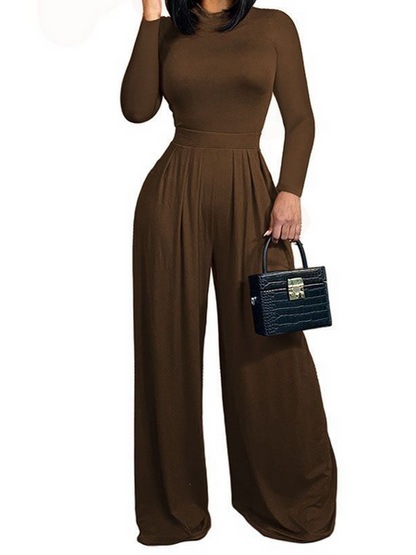 SummerFalling-Women's Long-sleeved Wide-leg Pants Pure Color Two-piece Set