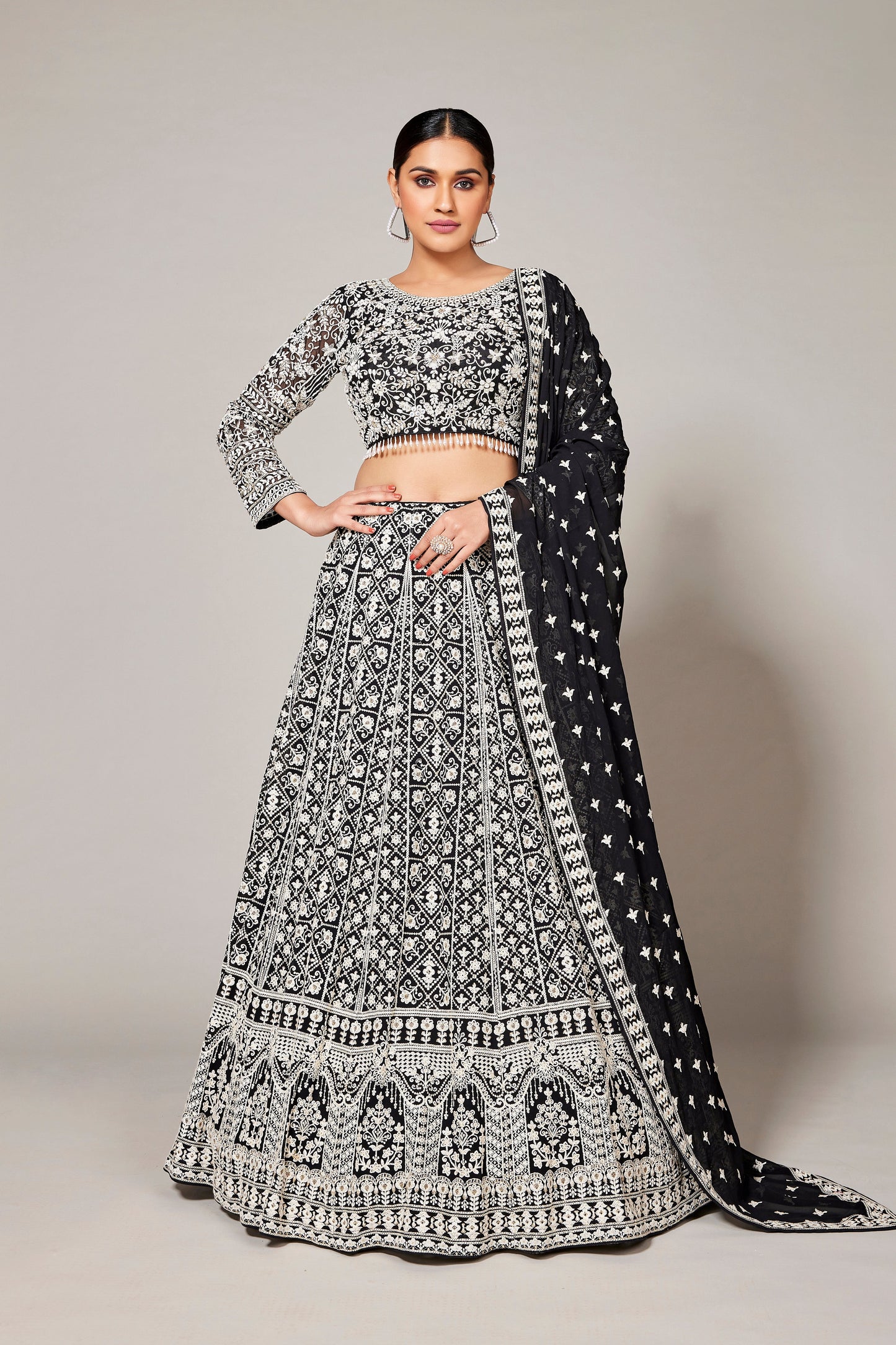 SummerFalling-Black Embroidered Premium Georgette Silk Lehenga Set