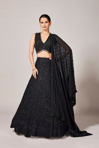 SummerFalling-Black Embellished Premium Georgette Silk Lehenga Set
