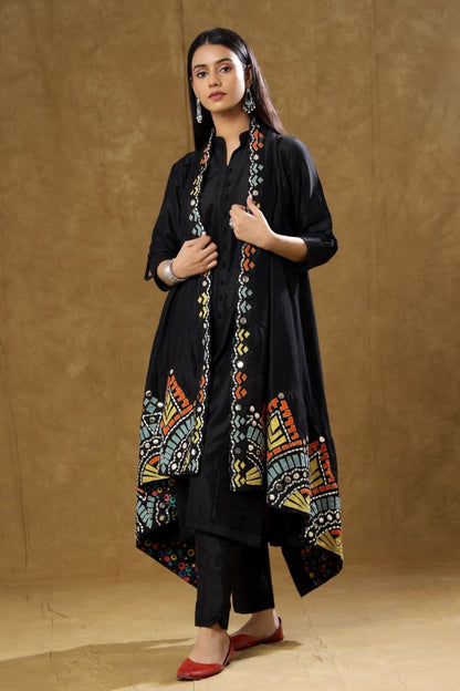 SummerFalling-Black Dola Silk Kurta Pant And Jacket Set