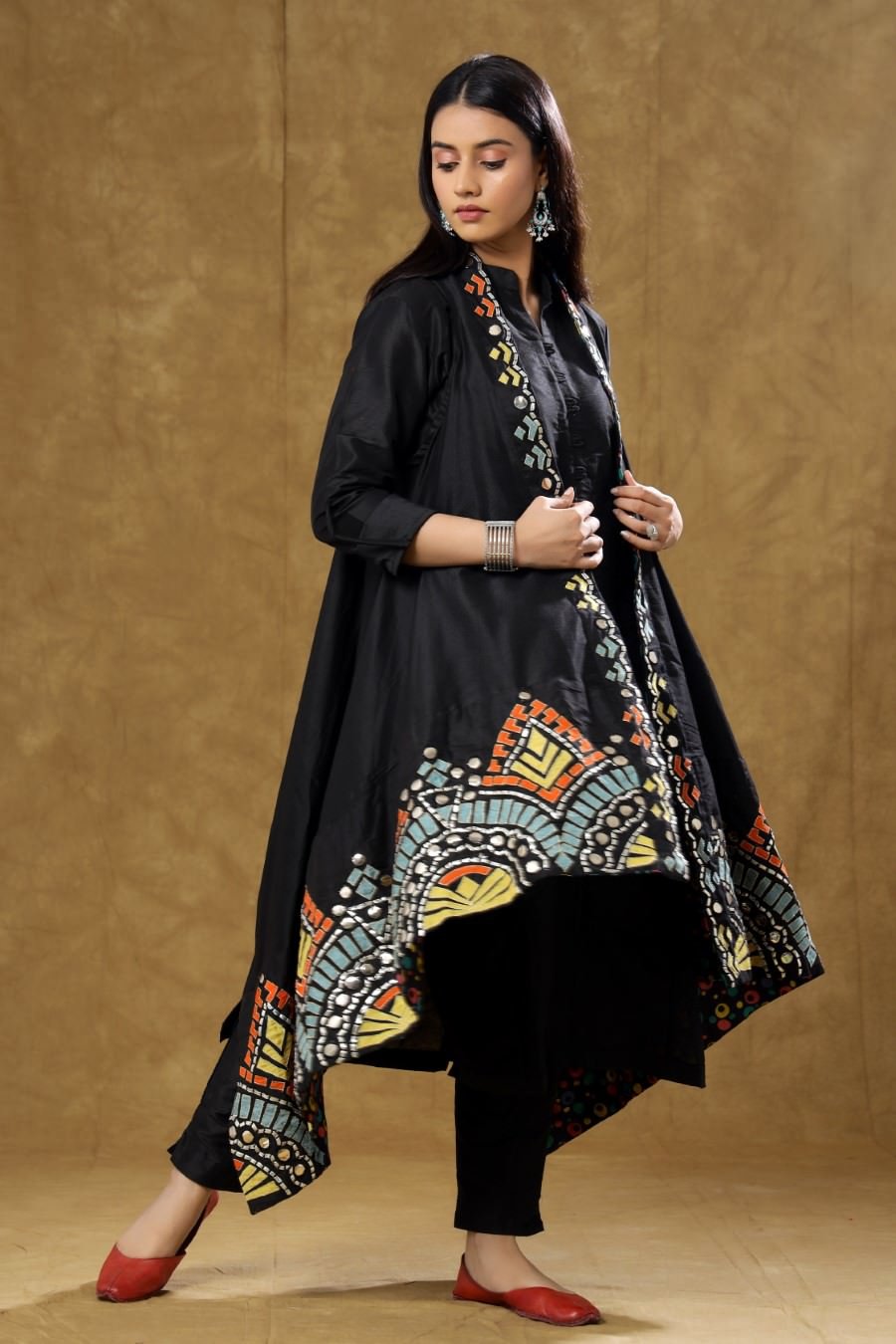 SummerFalling-Black Dola Silk Kurta Pant And Jacket Set