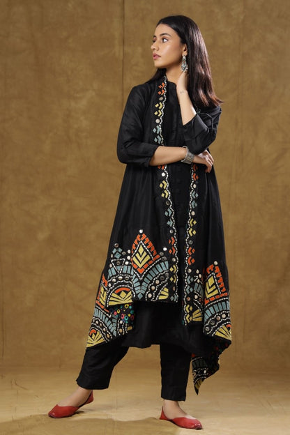 SummerFalling-Black Dola Silk Kurta Pant And Jacket Set