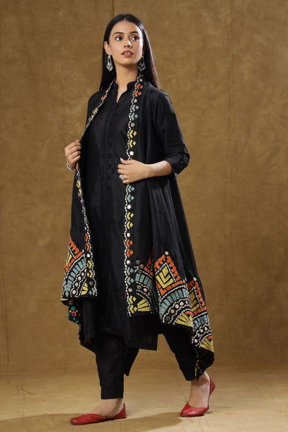 SummerFalling-Black Dola Silk Kurta Pant And Jacket Set