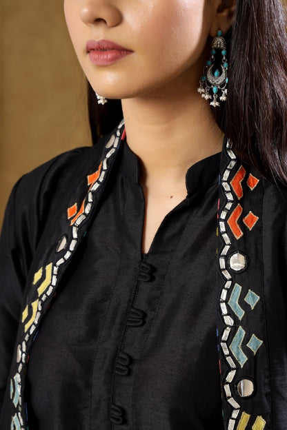 SummerFalling-Black Dola Silk Kurta Pant And Jacket Set