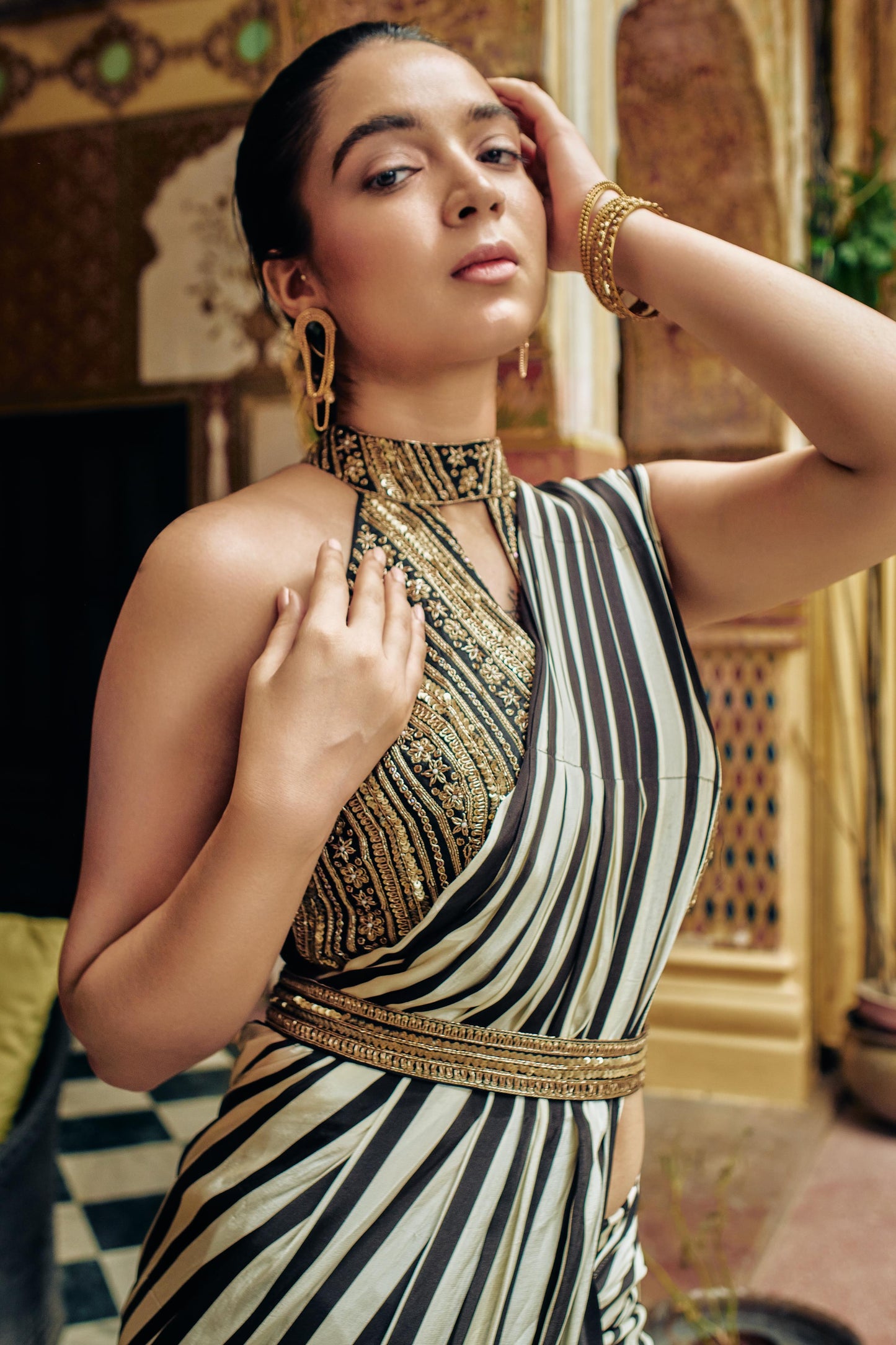 SummerFalling-Black & White Stripe Printed Crepe Silk Draped Saree