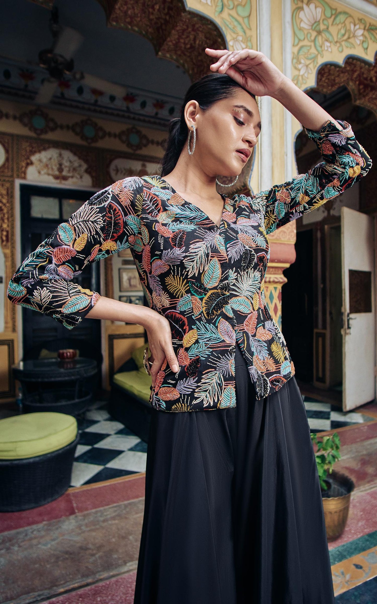 SummerFalling-Black Embroidered Habutai Silk Palazzo With Top
