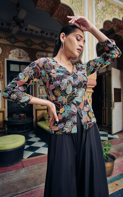 SummerFalling-Black Embroidered Habutai Silk Palazzo With Top