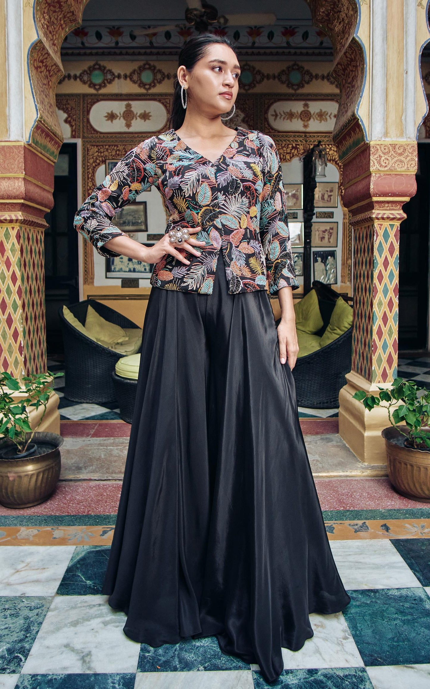 SummerFalling-Black Embroidered Habutai Silk Palazzo With Top