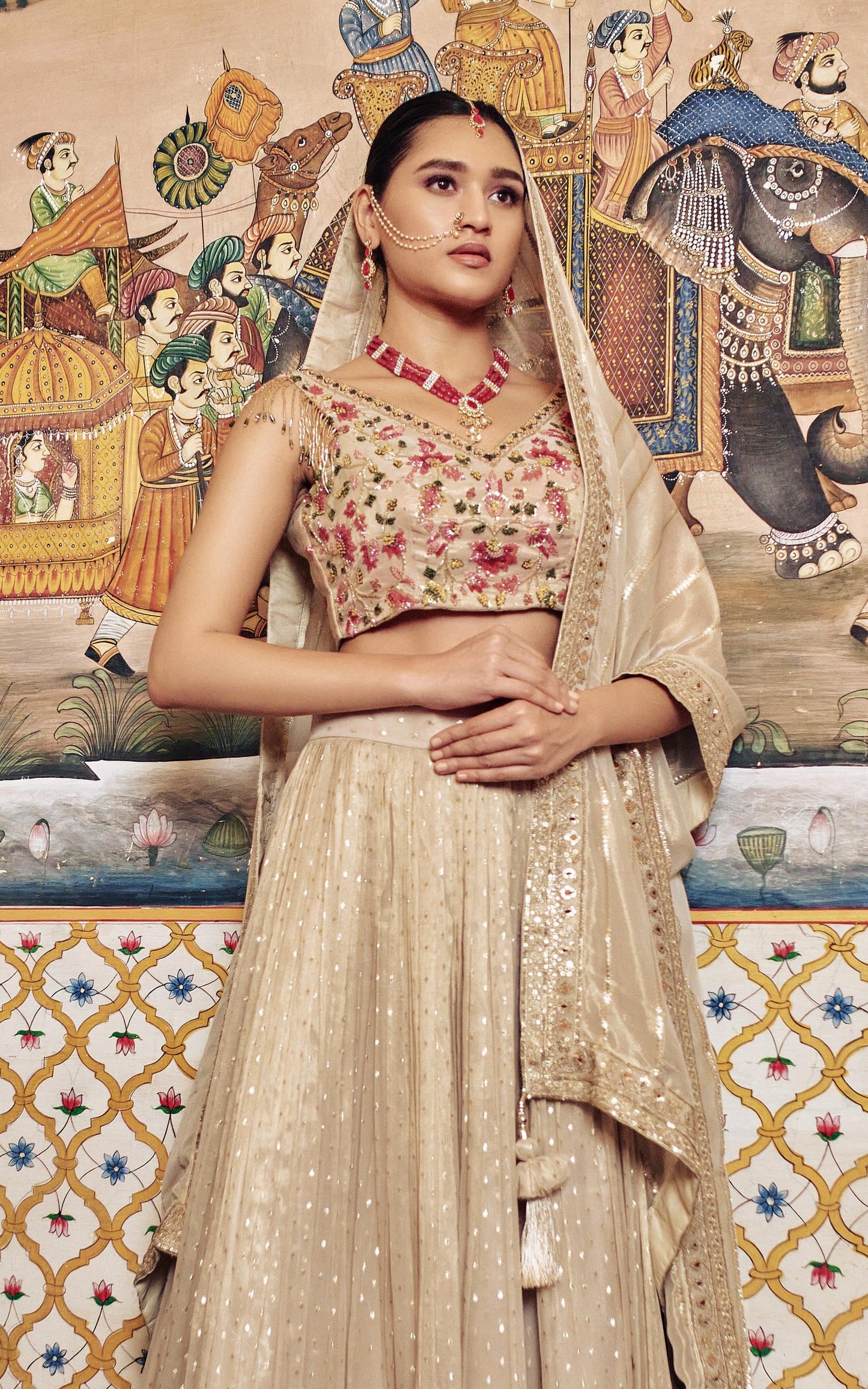 SummerFalling-Beige Embroidered Glass Organza Silk Lehenga Set