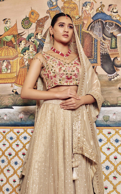 SummerFalling-Beige Embroidered Glass Organza Silk Lehenga Set