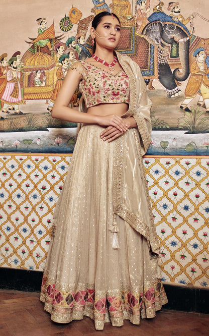 SummerFalling-Beige Embroidered Glass Organza Silk Lehenga Set