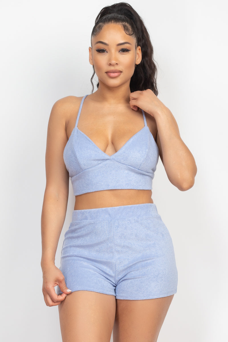 SummerFalling-Terry Towel Bralette Top & Mini Shorts Set