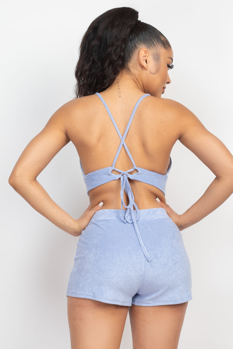 SummerFalling-Terry Towel Bralette Top & Mini Shorts Set