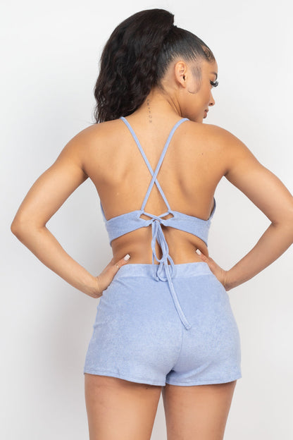 SummerFalling-Terry Towel Bralette Top & Mini Shorts Set