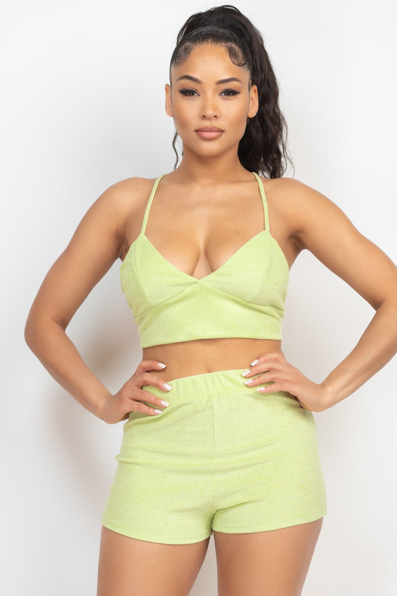 SummerFalling-Terry Towel Bralette Top & Mini Shorts Set