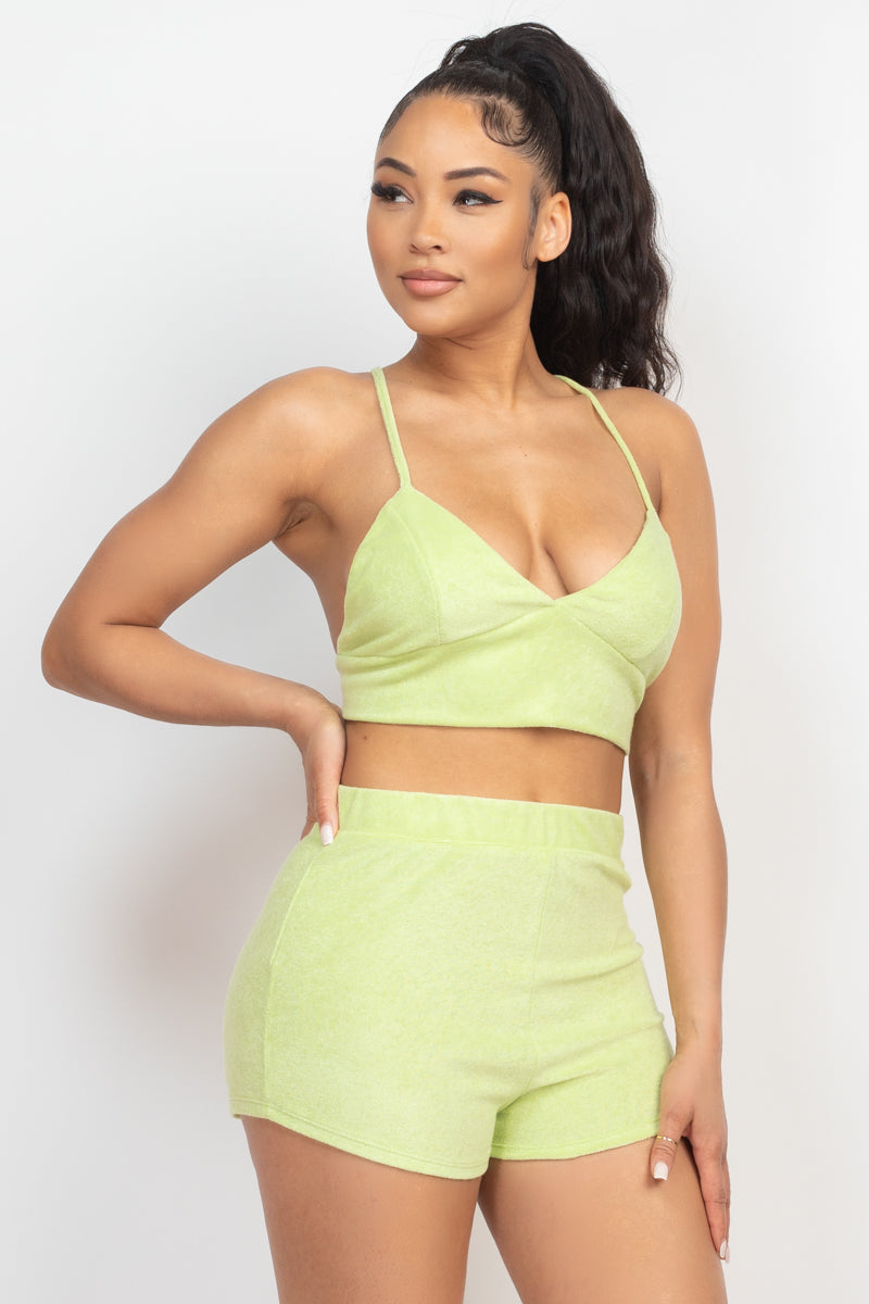 SummerFalling-Terry Towel Bralette Top & Mini Shorts Set